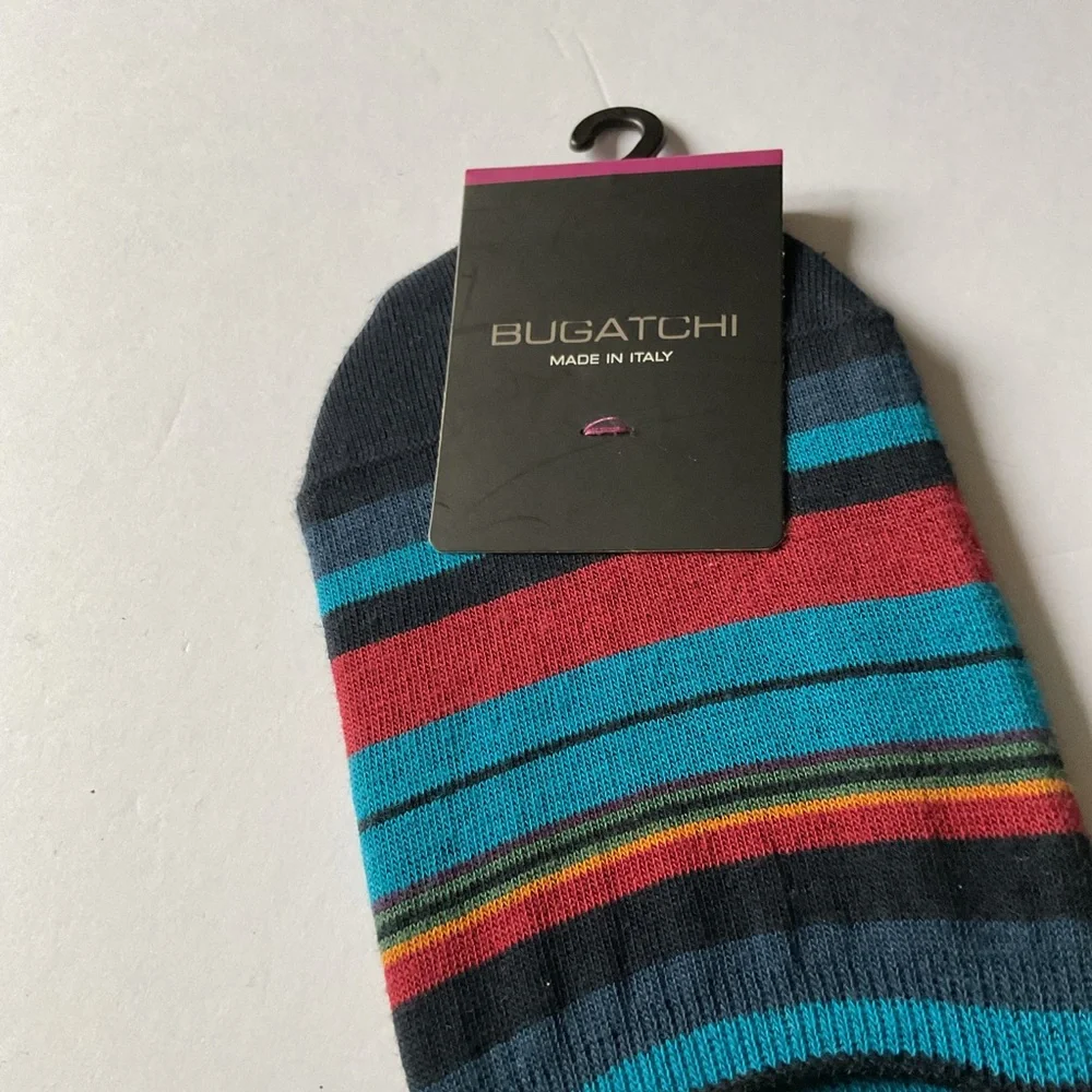 BUGATCHI MENS COTTON LINER SOCKS  BLUE MULTI-COLOR STRIPE OS NWT